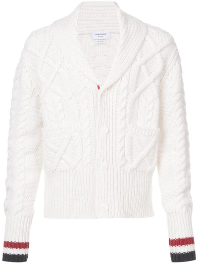 Shop Thom Browne Shawl Collar Cardigan With Aran Cable In Fine Merino Wool And Red, White And Blue Cuff Stripe