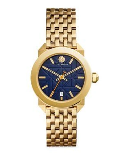 Shop Tory Burch Whitney Quartz Stainless Steel Bracelet Watch In Navy-yellow Gold