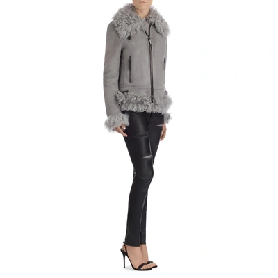 Shop Giuseppe Zanotti - Grey Suede Jacket With Lamp Fur Carola