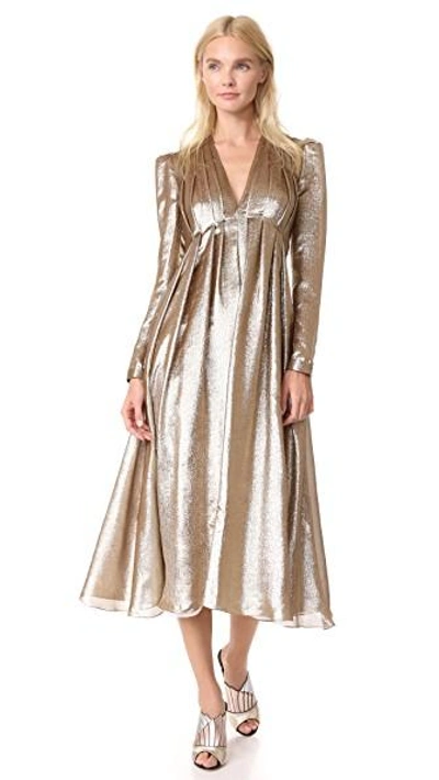 Shop Adam Lippes Pleated V Neck Dress In Bronze