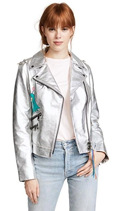 Shop Mira Mikati Hand Painted Metallic Leather Jacket In Silver
