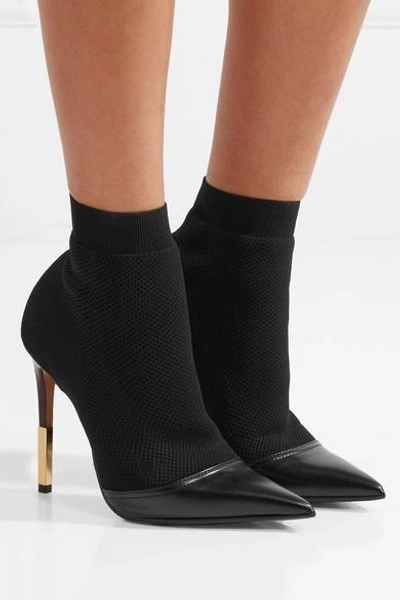 Shop Balmain Aurore Leather-trimmed Stretch-knit Sock Boots In Black