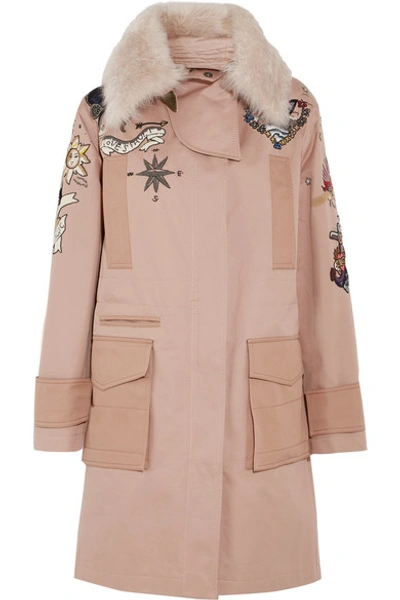 Shop Valentino Shearling-trimmed Beaded Cotton-twill Parka