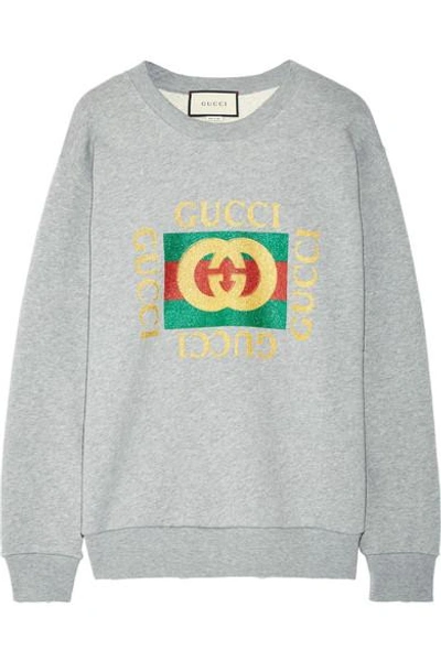 Shop Gucci Oversized Appliquéd Printed Cotton-terry Sweatshirt In Gray