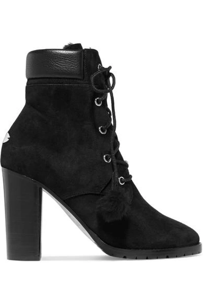 Shop Jimmy Choo Elba 95 Shearling-lined Suede Ankle Boots In Black