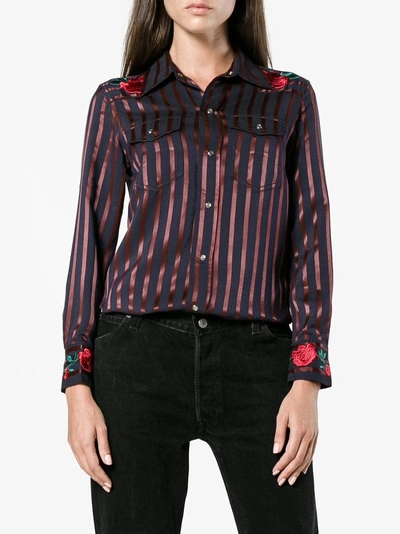 Shop Adam Selman Rose Embroidered Stripe Cowgirl Shirt In Blue