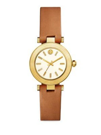 Shop Tory Burch Classic T Quartz Leather Strap Watch In Brown-yellow Gold
