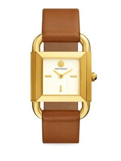 Shop Tory Burch The Phipps Geometric Leather-strap Quartz Watch In Brown-yellow Gold