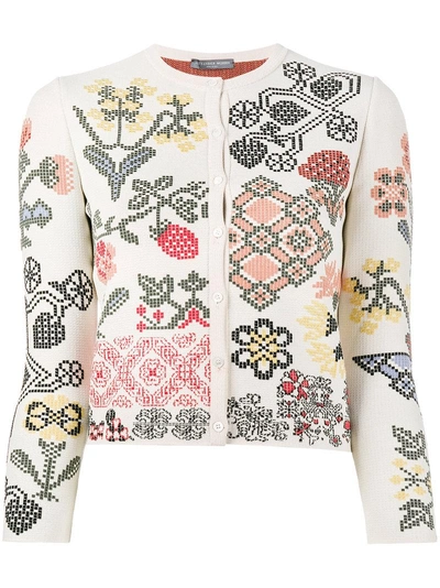 Shop Alexander Mcqueen Graphic Floral Intarsia Fitted Cardigan In Neutrals