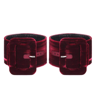 Attico 2 Crushed Velvet Buckled Ankle Cuffs, Bordeaux In Pink/purple
