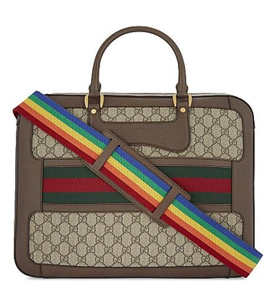 Shop Gucci Web Stripe Gg Supreme Canvas Briefcase In Beige / Multi