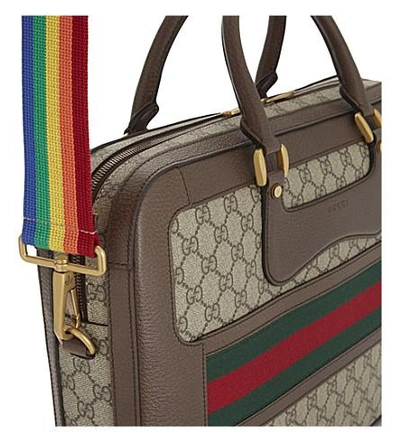 Shop Gucci Web Stripe Gg Supreme Canvas Briefcase In Beige / Multi