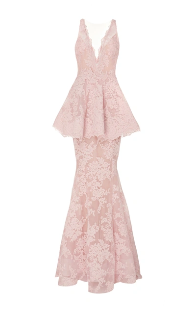 Shop Marchesa Lace Peplum Gown In Pink