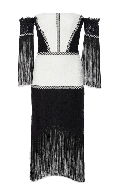 Shop Alexis Antoinette Off Shoulder Fringe Dress In Black/white