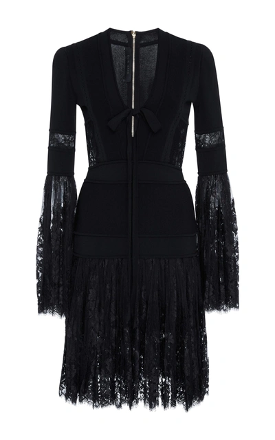 Shop Elie Saab Knit Mini Dress With Lace Bell Sleeves In Black