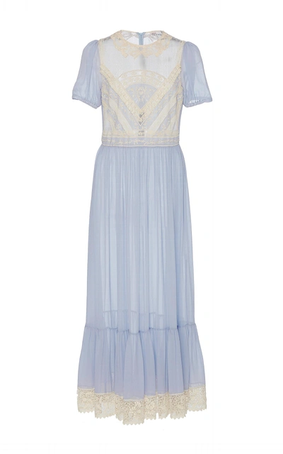 Shop Red Valentino Silk Georgette Maxi Dress With Macramé Ribbon In Blue