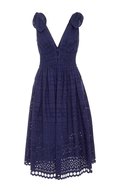 Shop Self-portrait Broderie Anglaise Cotton Dress In Navy