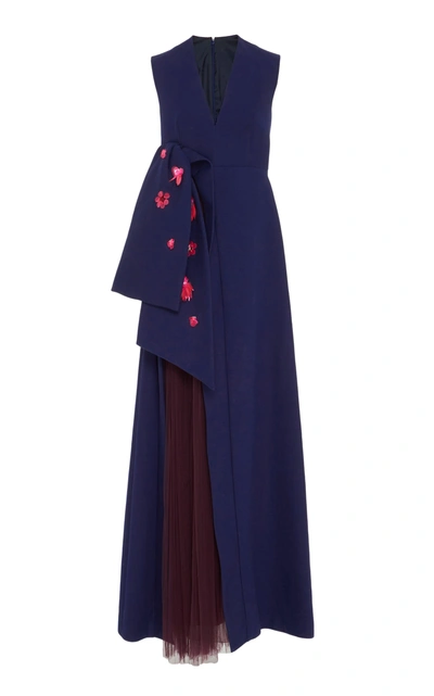 Shop Delpozo Sleeveless Gown With Front Bow In Navy