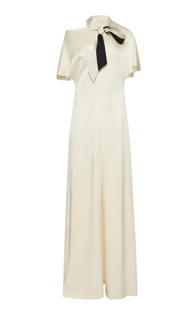 Shop Lanvin Flutter Short Sleeve Satin Gown With Neck Tie In Ivory