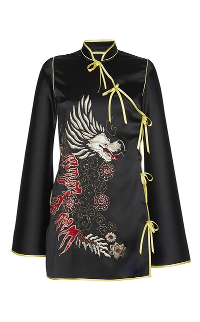 Shop Attico Stella Embroidered Kimono Satin Dress In Black