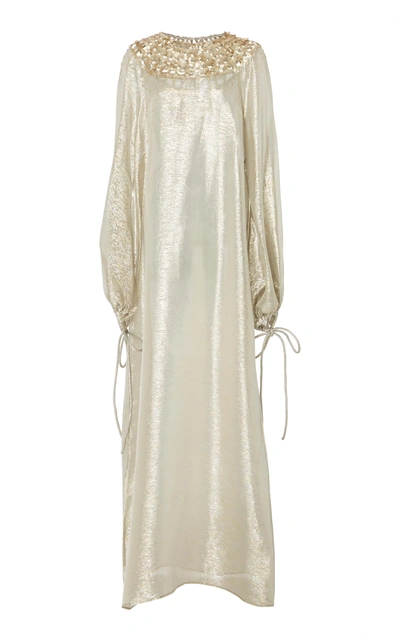 Shop Oscar De La Renta Bishop Sleeve Beaded Caftan In Silver