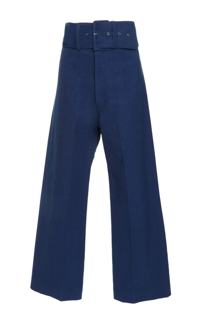 Shop Sea Belted Cropped Cotton-blend Pants In Blue