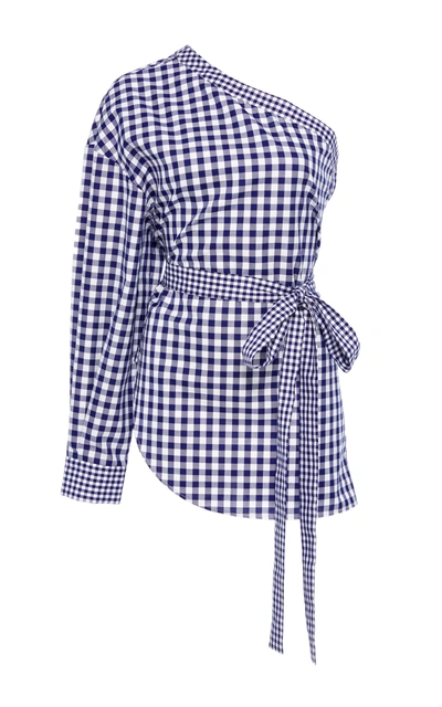 Shop Rosetta Getty One-shoulder Gingham Cotton Blouse In Plaid