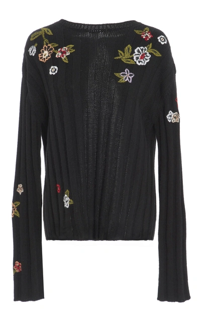 Shop Red Valentino Embroidered Ribbed-knit Sweater In Black