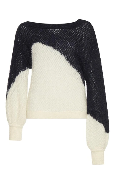 Shop Delpozo Contrasting Asymmetric Knit Mohair Sweater In Blue