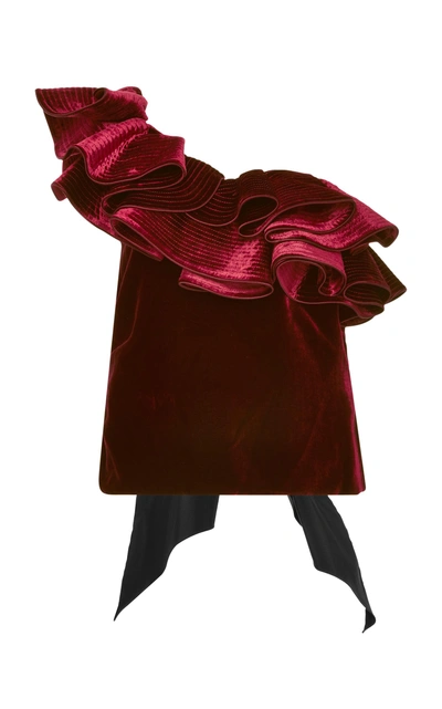 Shop Johanna Ortiz Lorca Ruffled Velvet Top In Burgundy