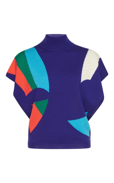 Shop Delpozo Flutter Sleeve Graphic Knit In Purple