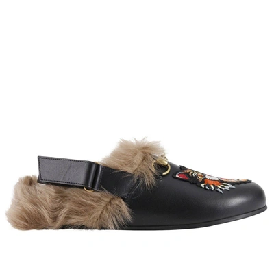 Shop Gucci Shoes Slipper River In Smooth Calfskin And Fur With Classic Horsebit And Angry Cat Patch In Black