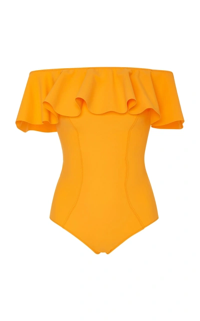 Shop Lisa Marie Fernandez Mira Flounce Off-the-shoulder Ruffled Swimsuit In Yellow