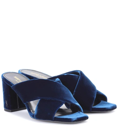 Saint Laurent Loulou 70 Velvet Sandals In Blue