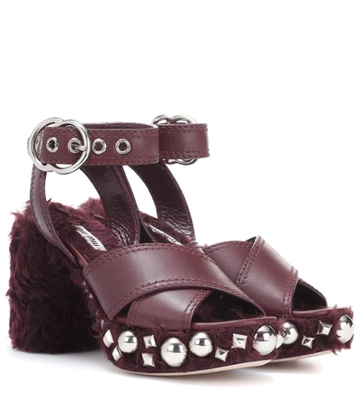 Miu Miu Studded Faux Shearling And Leather Ankle-strap Sandals In Bordeaux
