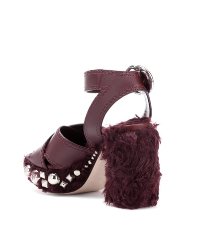 Shop Miu Miu Leather And Faux Fur Sandals In Purple
