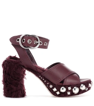 Shop Miu Miu Leather And Faux Fur Sandals In Purple