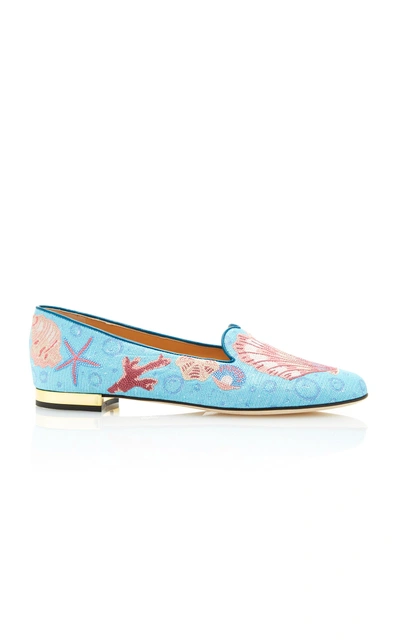 Shop Charlotte Olympia Oceanic Embroidered Canvas Slippers In Blue