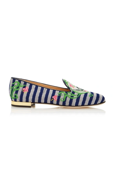 Shop Charlotte Olympia Amour Embroidered Canvas Slippers In Stripe