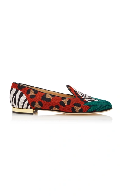 Shop Charlotte Olympia Animal Kingdom Embroidered Canvas Slippers In Print