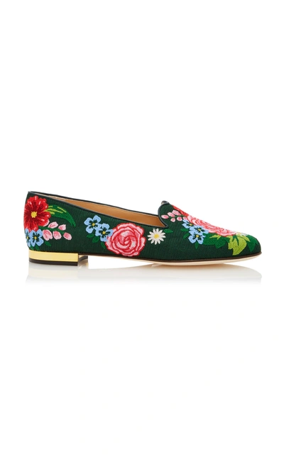 Shop Charlotte Olympia Rose Garden Canvas Slippers In Green
