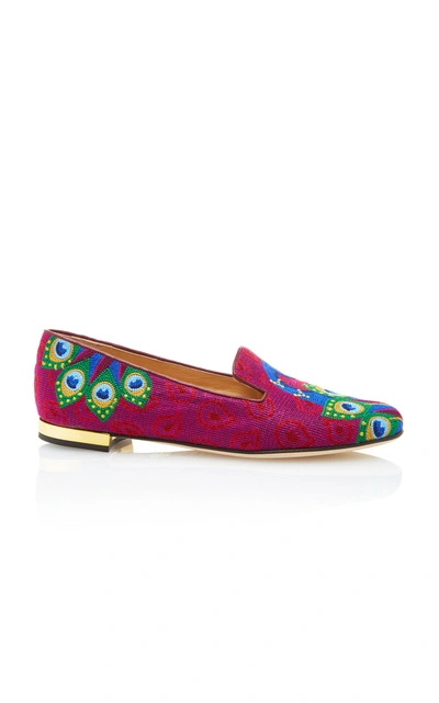 Shop Charlotte Olympia Peacock Embroidered Canvas Slippers In Pink