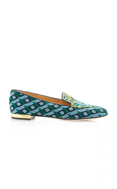 Shop Charlotte Olympia Lady Liberty Embroidered Canvas Slippers In Green