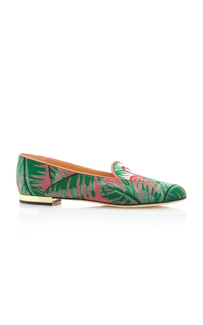 Shop Charlotte Olympia Flamingo Embroidered Canvas Slippers In Print