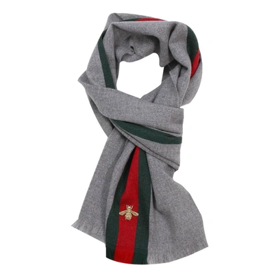 Shop Gucci Scarf Scarf 37 X 180 Cm In Cashmere Wool With Web And Bee Pattern In Grey