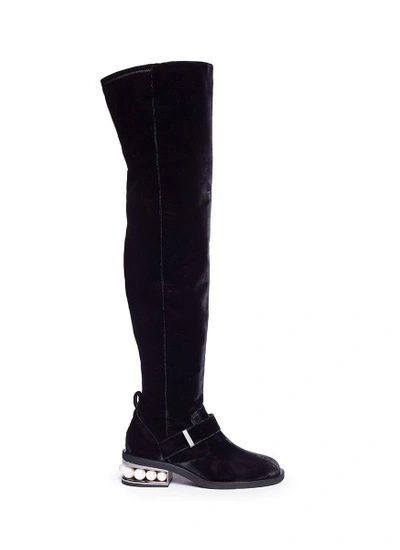 Shop Nicholas Kirkwood 'casati' Faux Pearl Heel Velvet Thigh High Boots