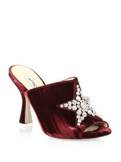 Shop Attico Embellished Star Velvet Mules In Burgundy