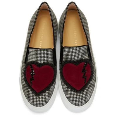 Shop Charlotte Olympia White And Black Broken Heart Alex Slip-on Sneakers In 1399 Houndstooth