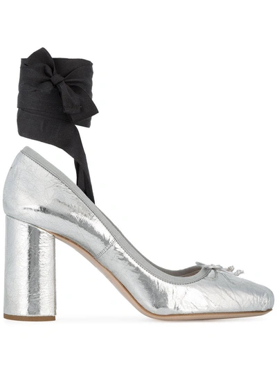 Shop Miu Miu Silver Ballerina 90 Ankle Tie Heels - Metallic