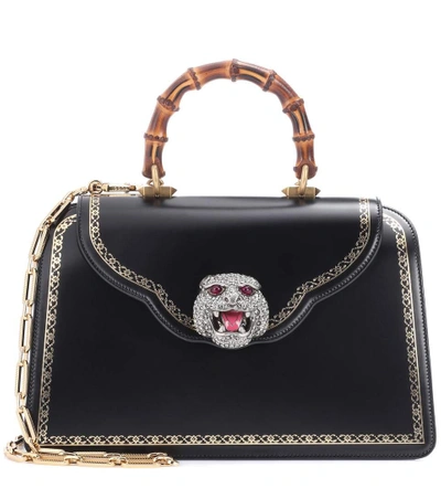 Shop Gucci Frame Embellished Leather Tote In Black